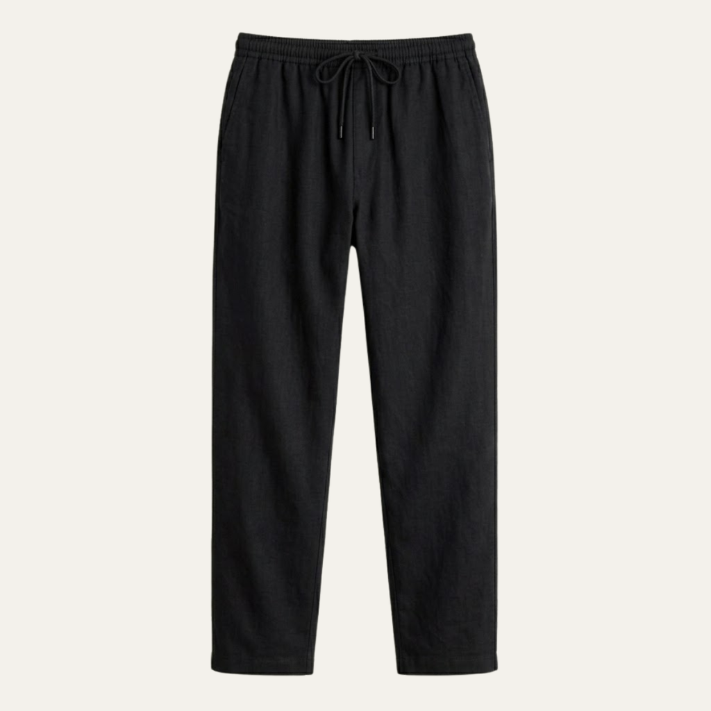 Men's hemp straight-leg pants in black, drawstring elastic waistband