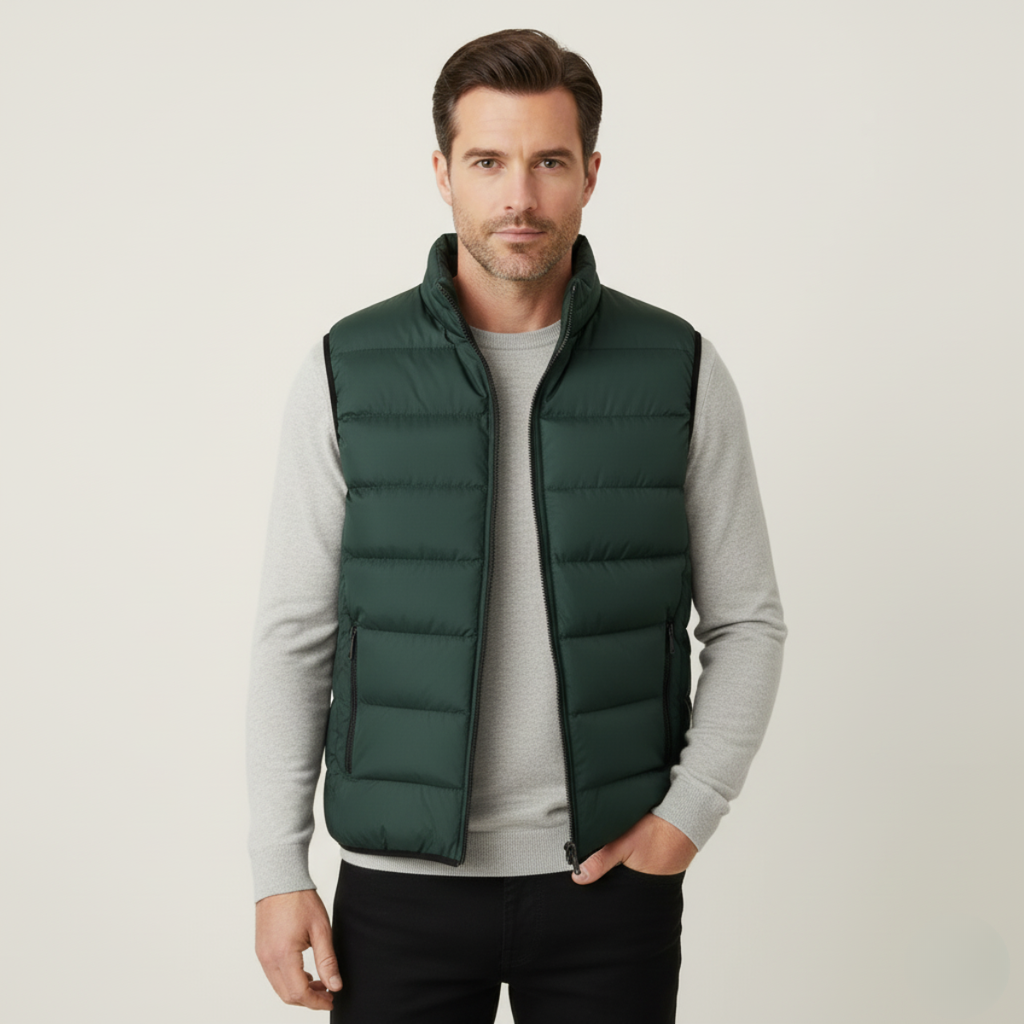 Men's green puffer quilted vest with front zipper and stand collar, worn