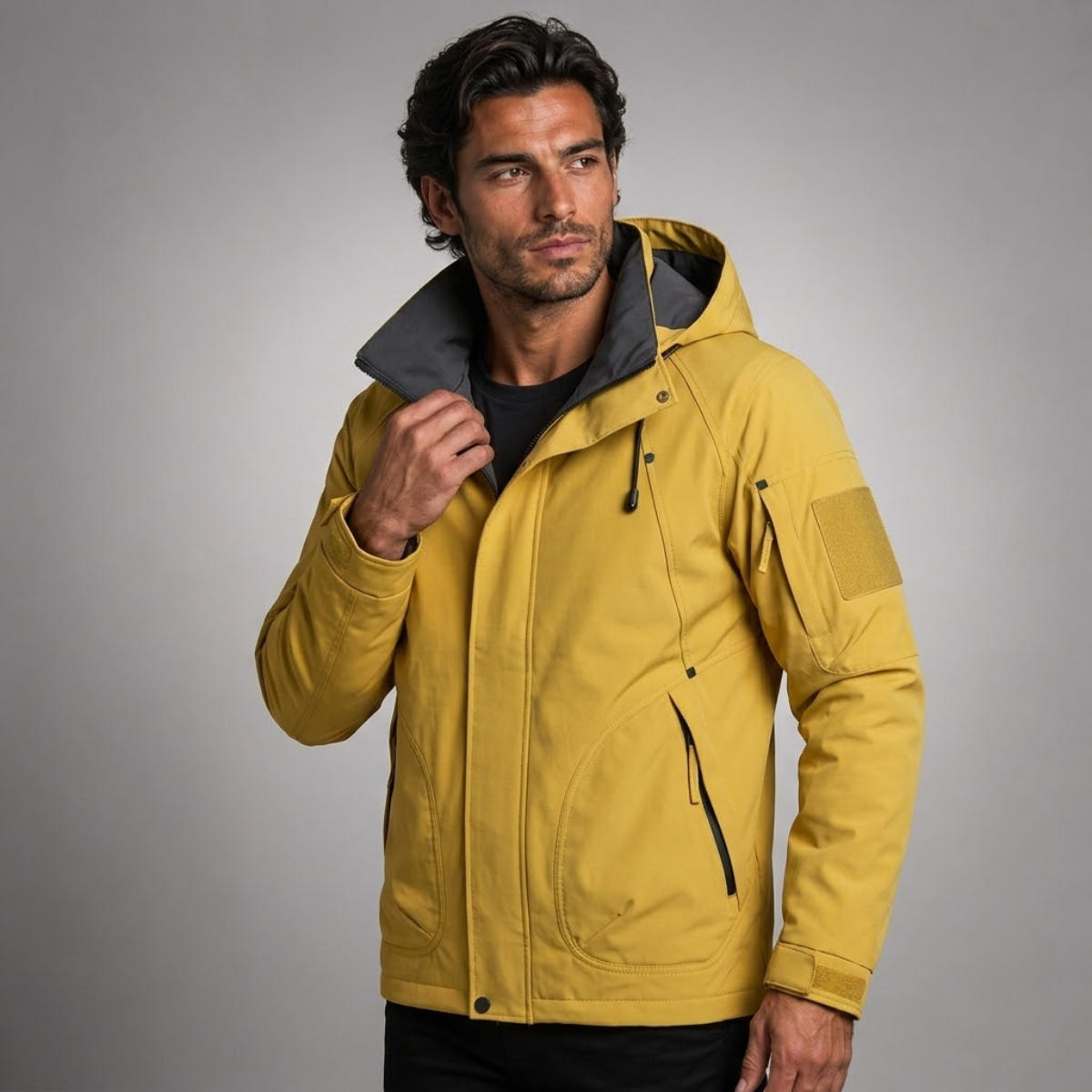 Yellow waterproof rain jacket with hood, zip front, sleeve pocket, drawcord cuffs