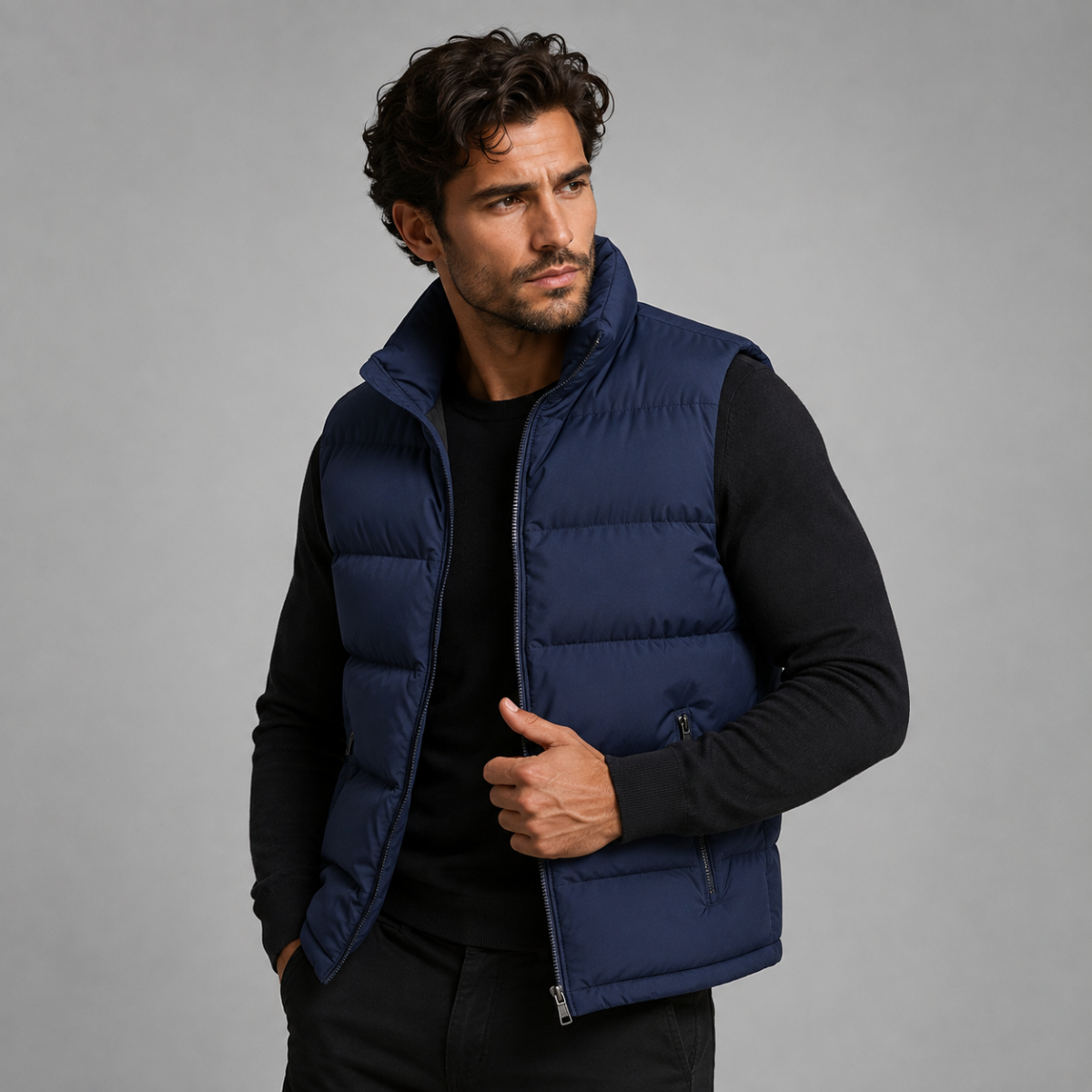 Men’s blue padded puffer vest with full-zip front and zip pocket