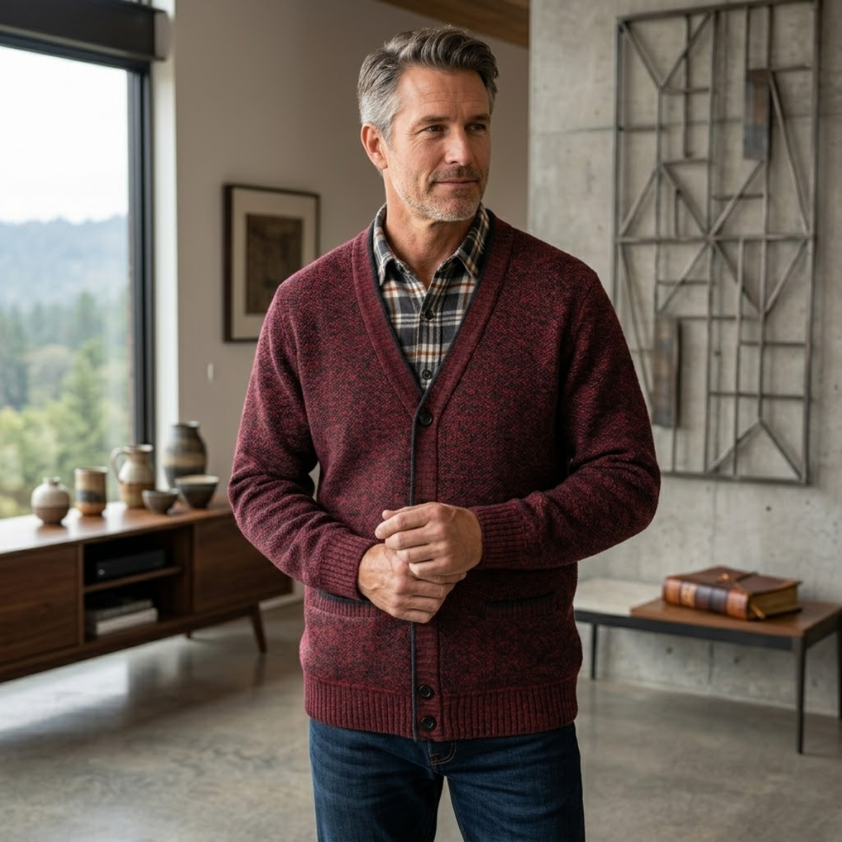 Men's burgundy heather knit button cardigan worn with V-neck and button placket