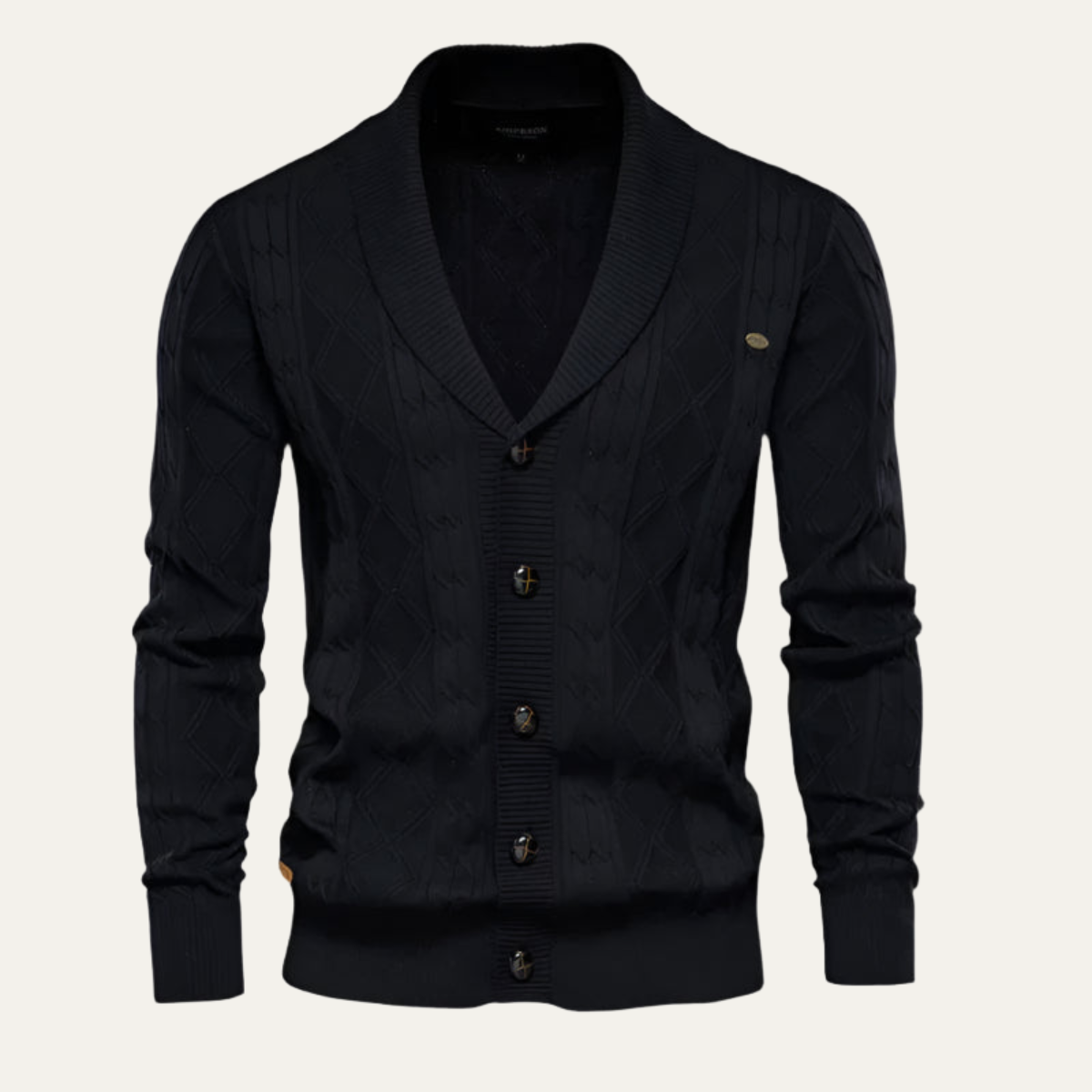 Men's knit cardigan, dark navy V-neck button front, diamond pattern, ribbed hem