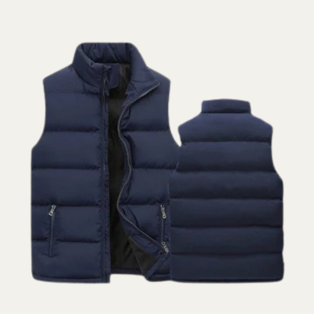 Blue padded puffer vest shown front and back with full-zip closure