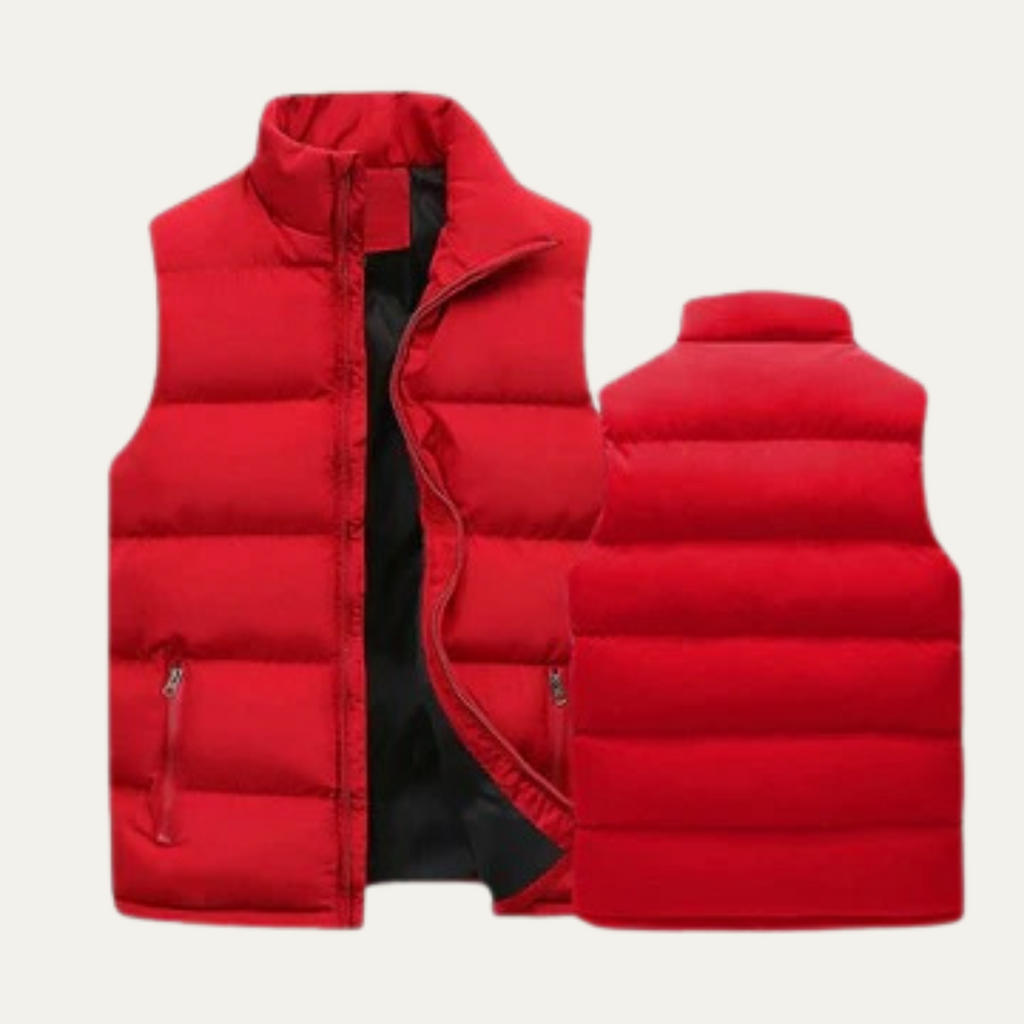 Men's red padded puffer vest front and back views with full-zip and stand collar