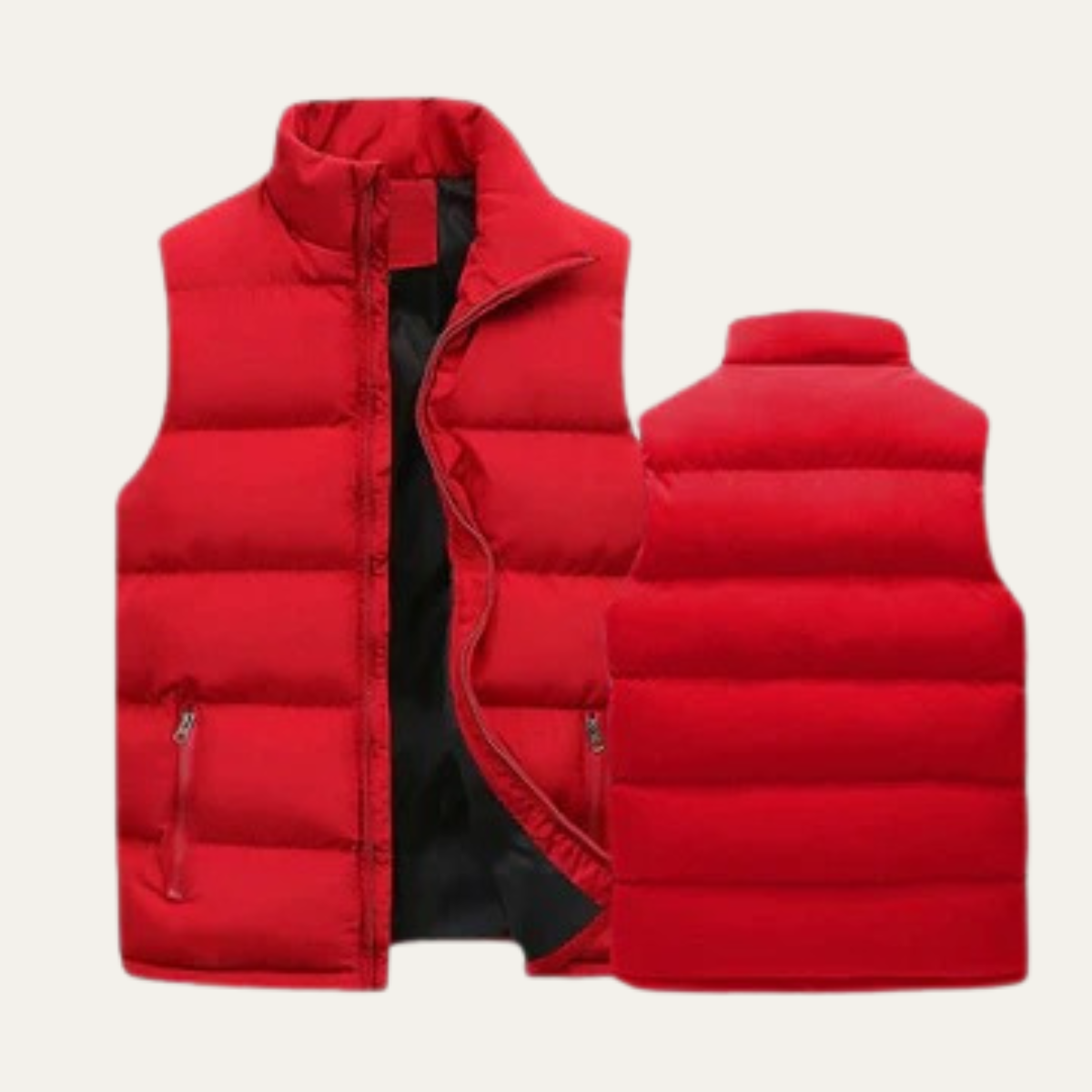 Men's red padded puffer vest front and back views with full-zip and stand collar