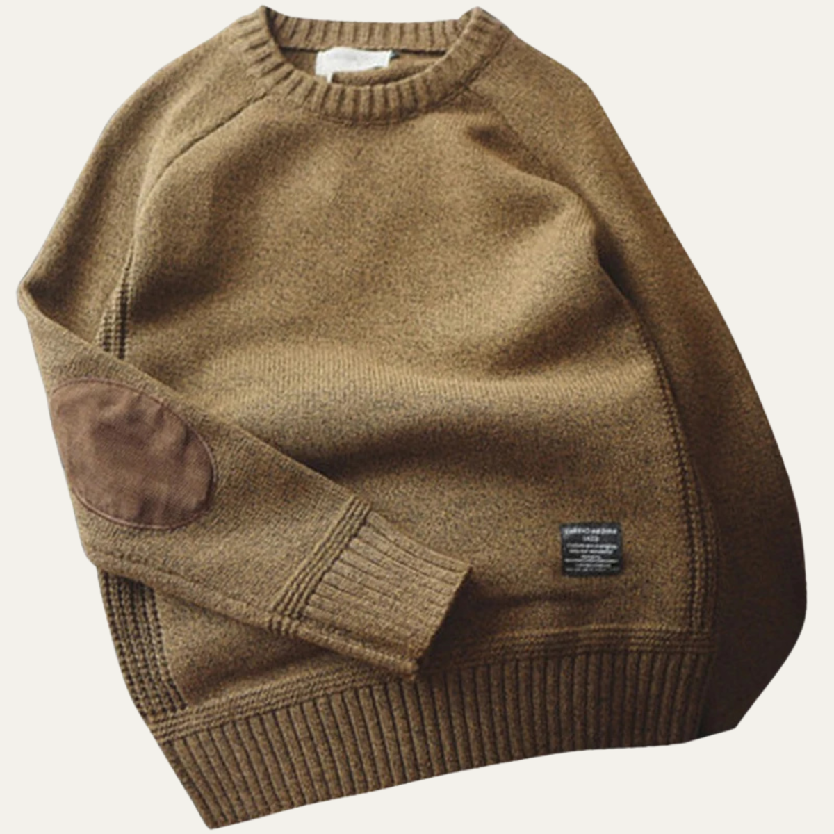 Men’s knit sweater in brown with suede elbow patches, ribbed cuffs and hem
