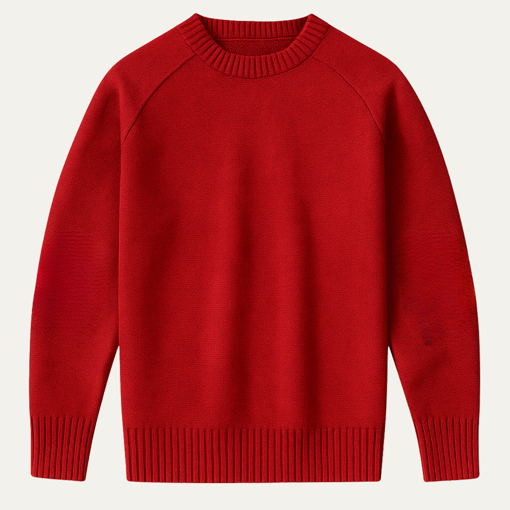 Men’s oversized knit sweater, red with ribbed crew neck and cuffs