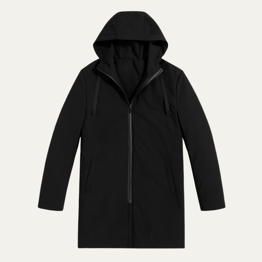 Men's long black rain jacket with hood, full zipper and side pockets