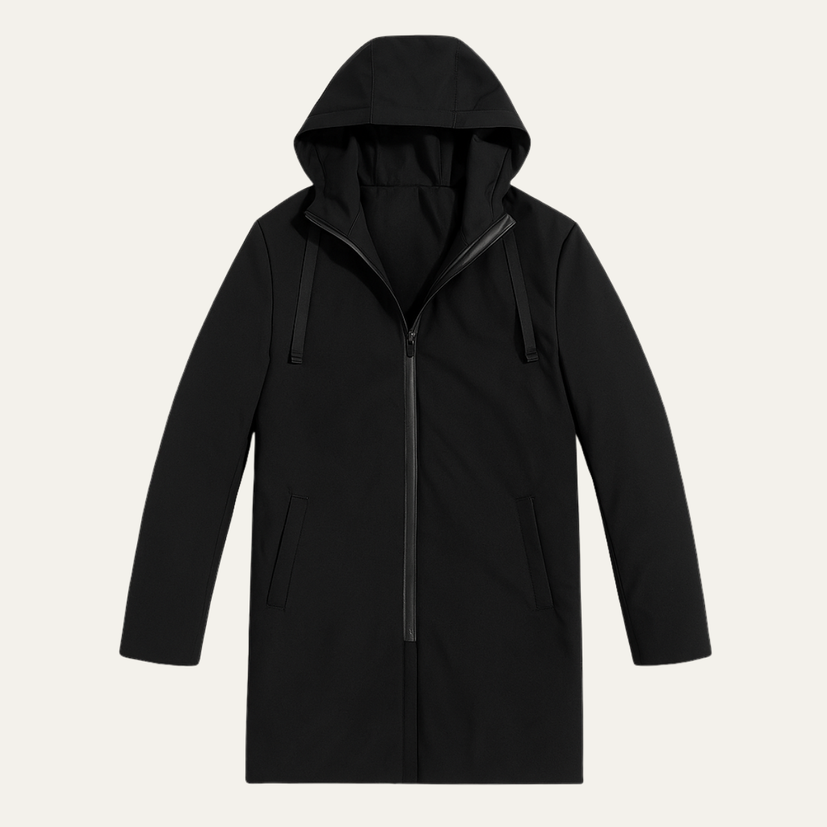 Men's long black rain jacket with hood, full zipper and side pockets