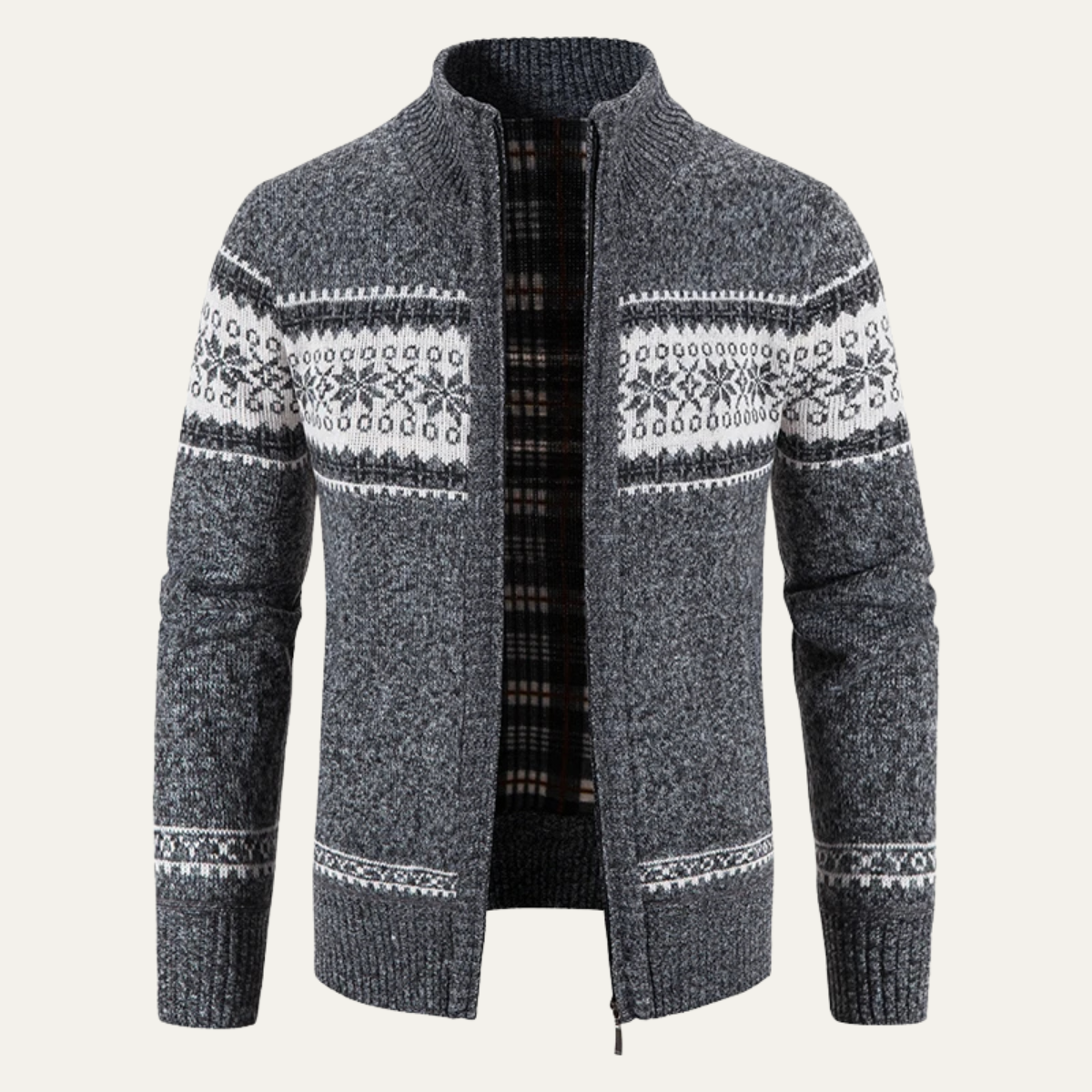 Dark gray knitted zip-up cardigan with patterned stripe panels and ribbed stand collar