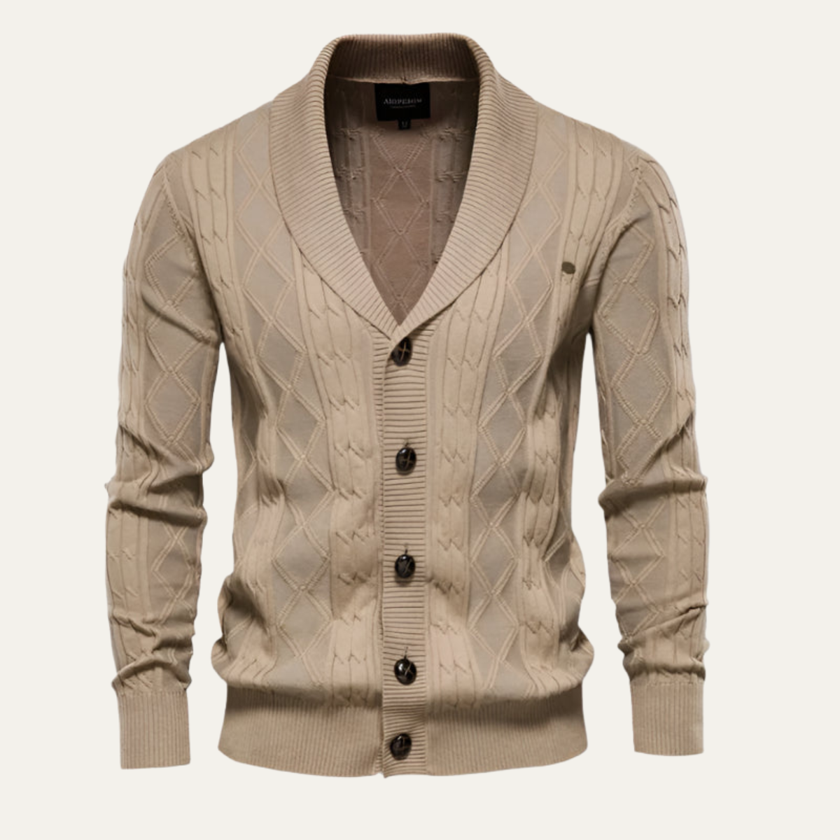 Men's knit cardigan, beige V-neck button front, diamond pattern, ribbed cuffs