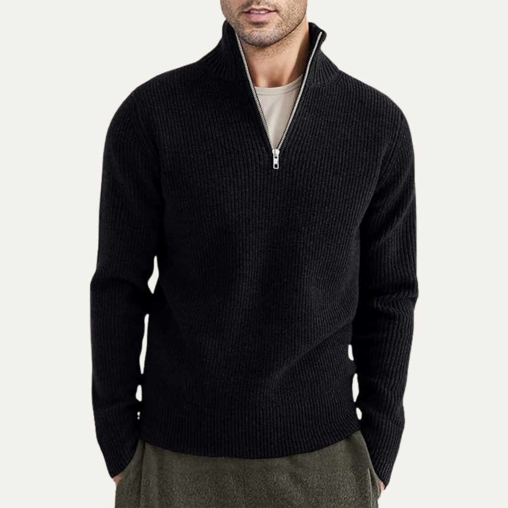 Men's quarter-zip ribbed knit sweater, black, worn by model