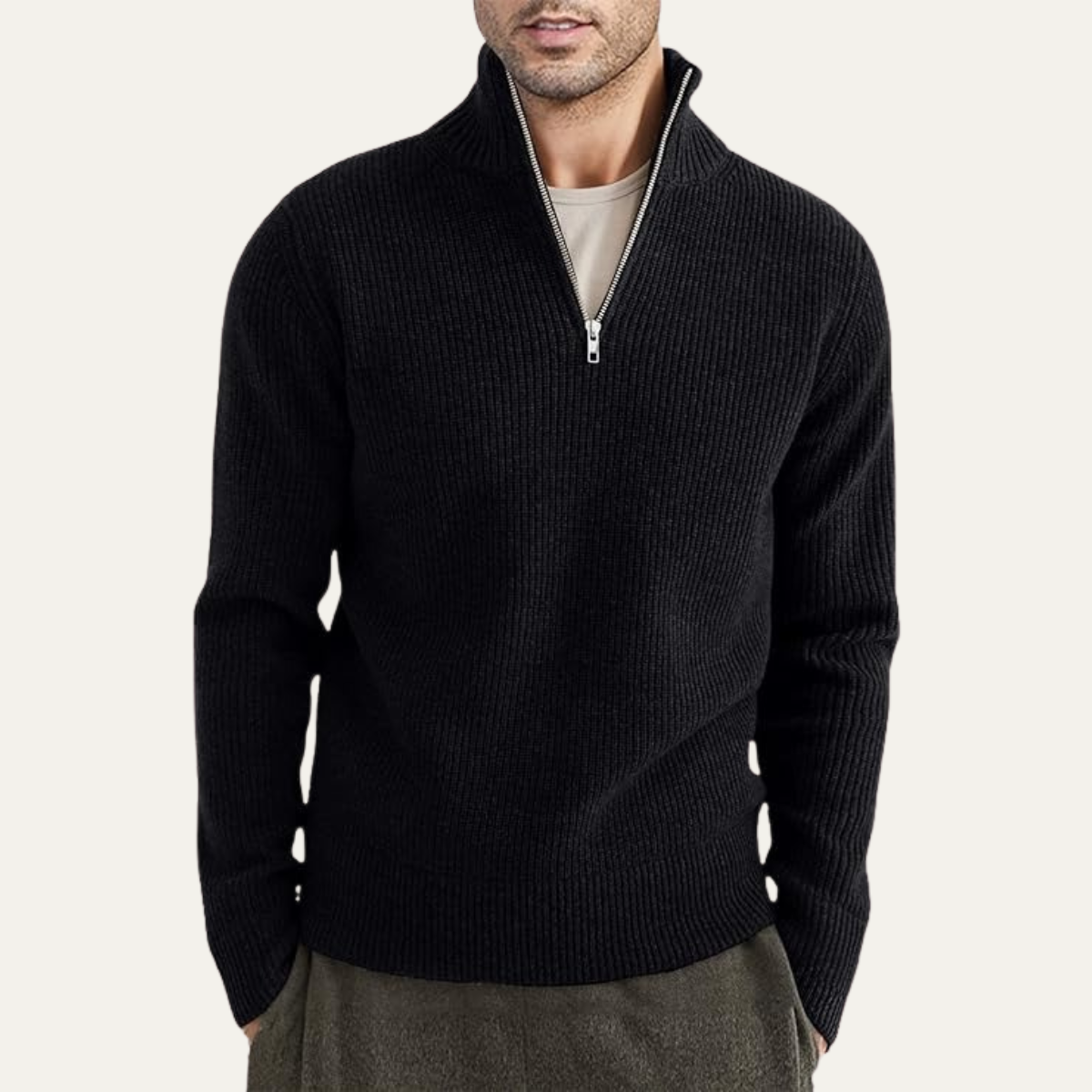 Men's quarter-zip ribbed knit sweater, black, worn by model
