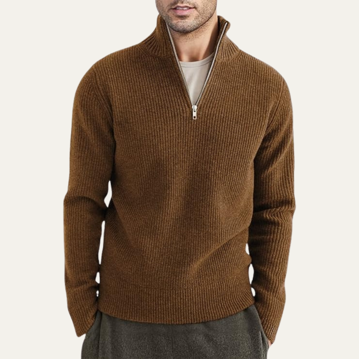 Men's quarter-zip ribbed knit sweater, brown, worn by model