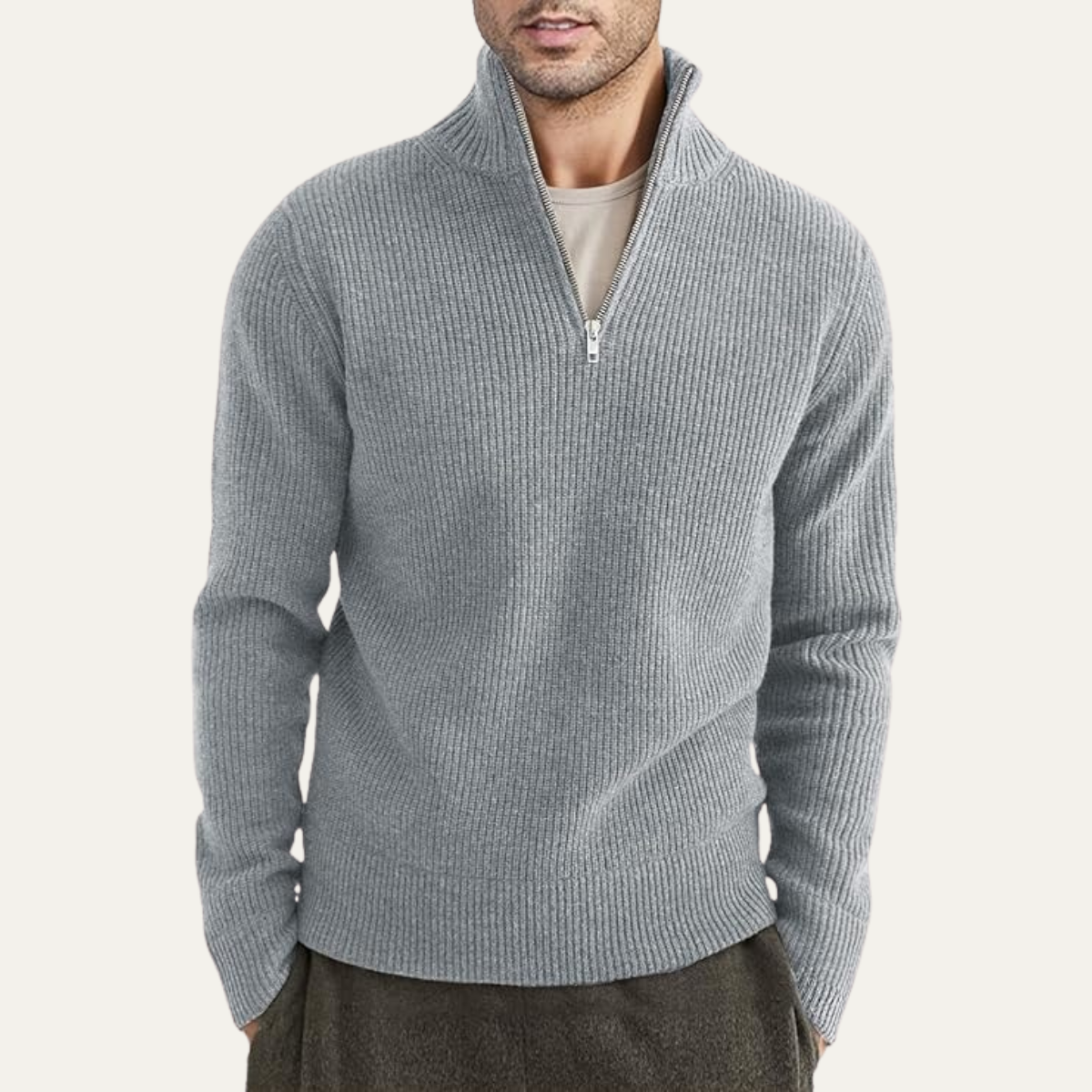Men's quarter-zip ribbed knit sweater, gray, worn by model