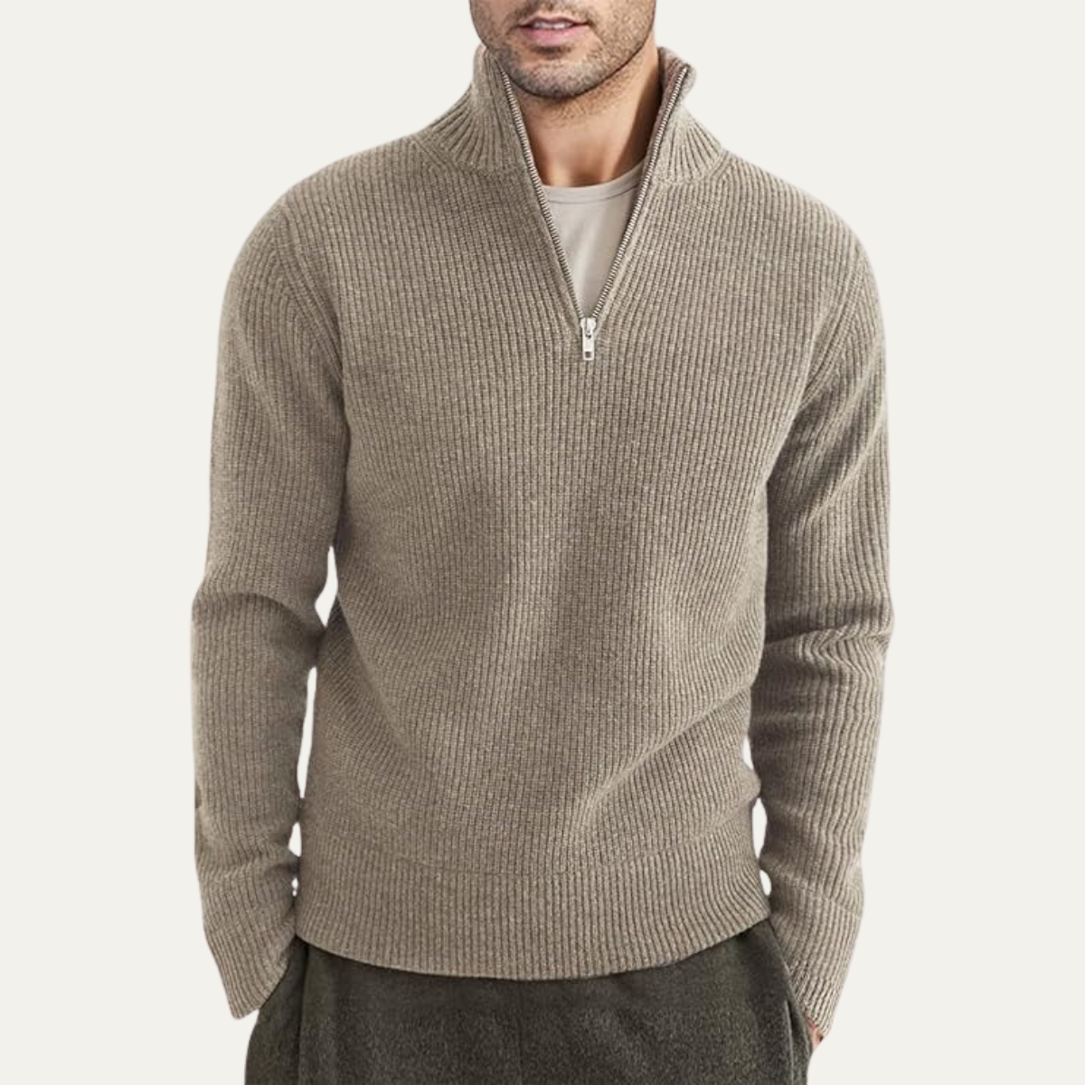 Men's quarter-zip ribbed knit sweater, beige, worn by model