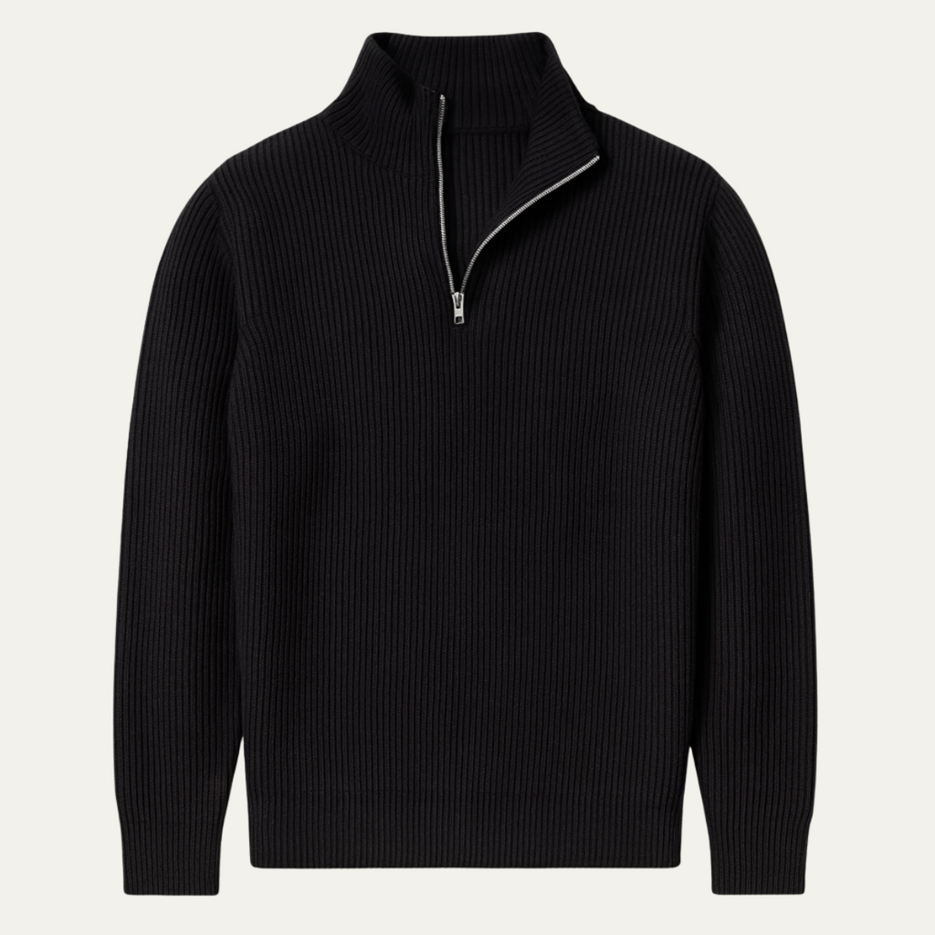 Men's quarter-zip ribbed knit sweater, black