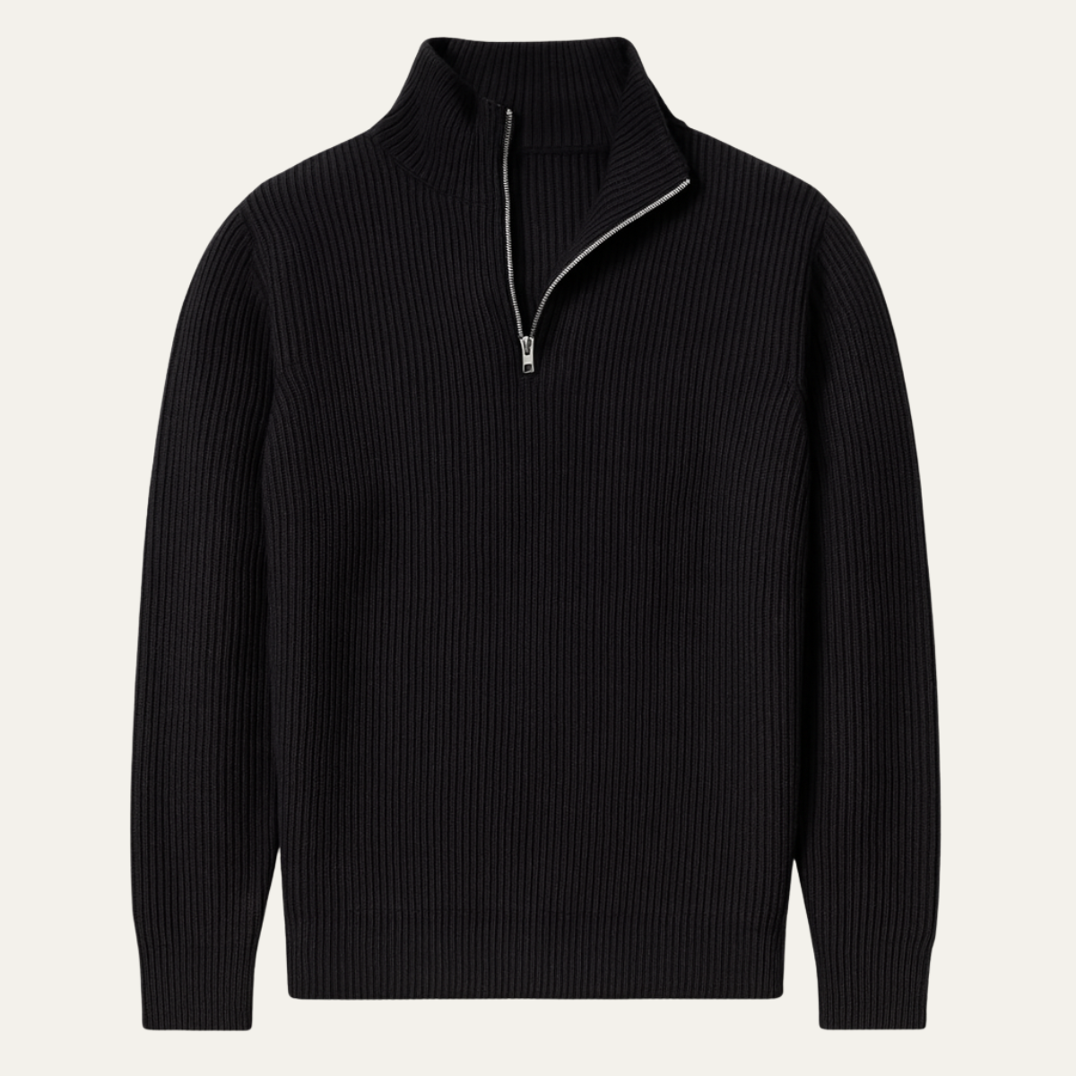 Men's quarter-zip ribbed knit sweater, black