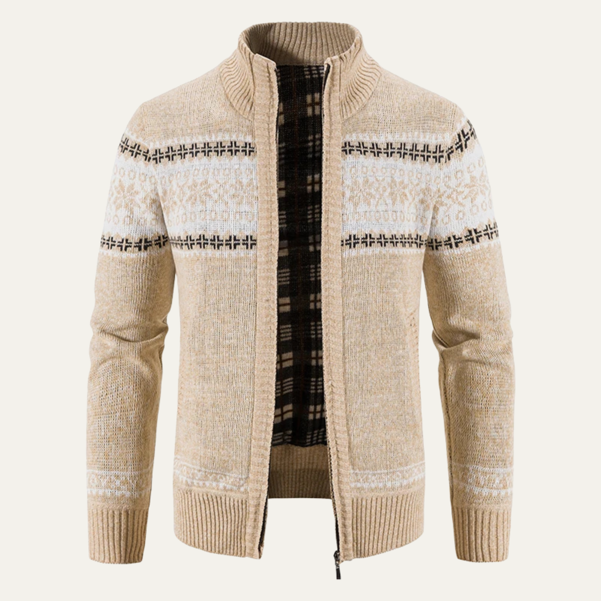 Beige knitted zip-up cardigan with Fair Isle stripe panels and ribbed stand collar
