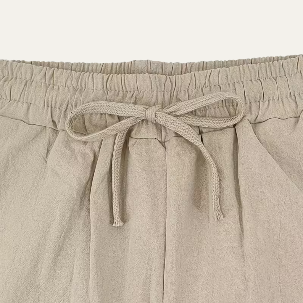Men’s linen elastic waist pants in light beige, tied drawstring bow