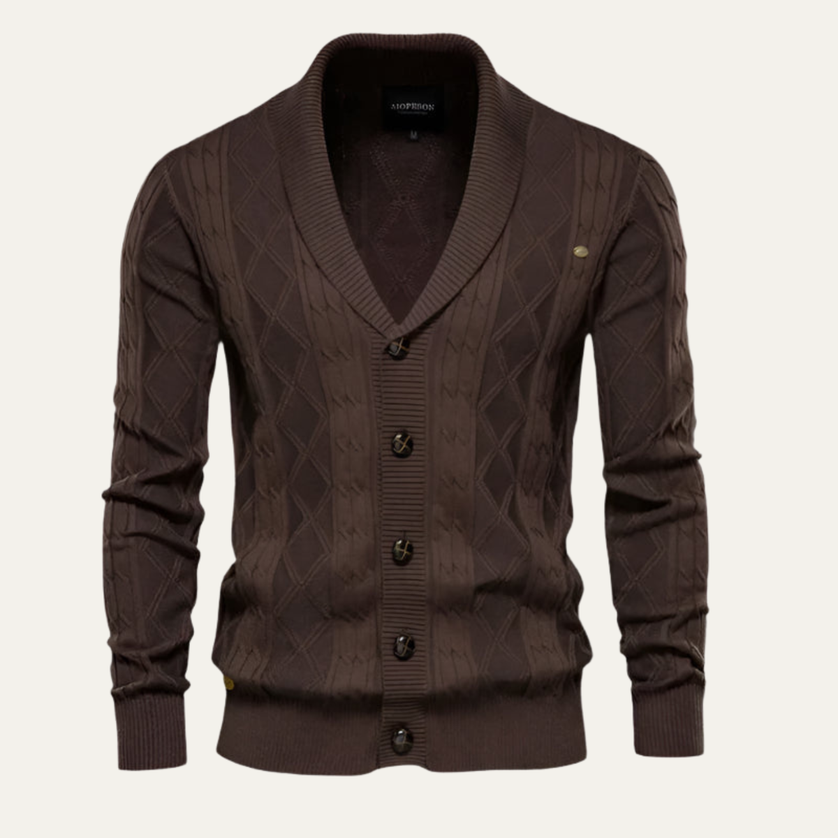 Men's knit cardigan, dark brown V-neck button front, diamond pattern, ribbed cuffs