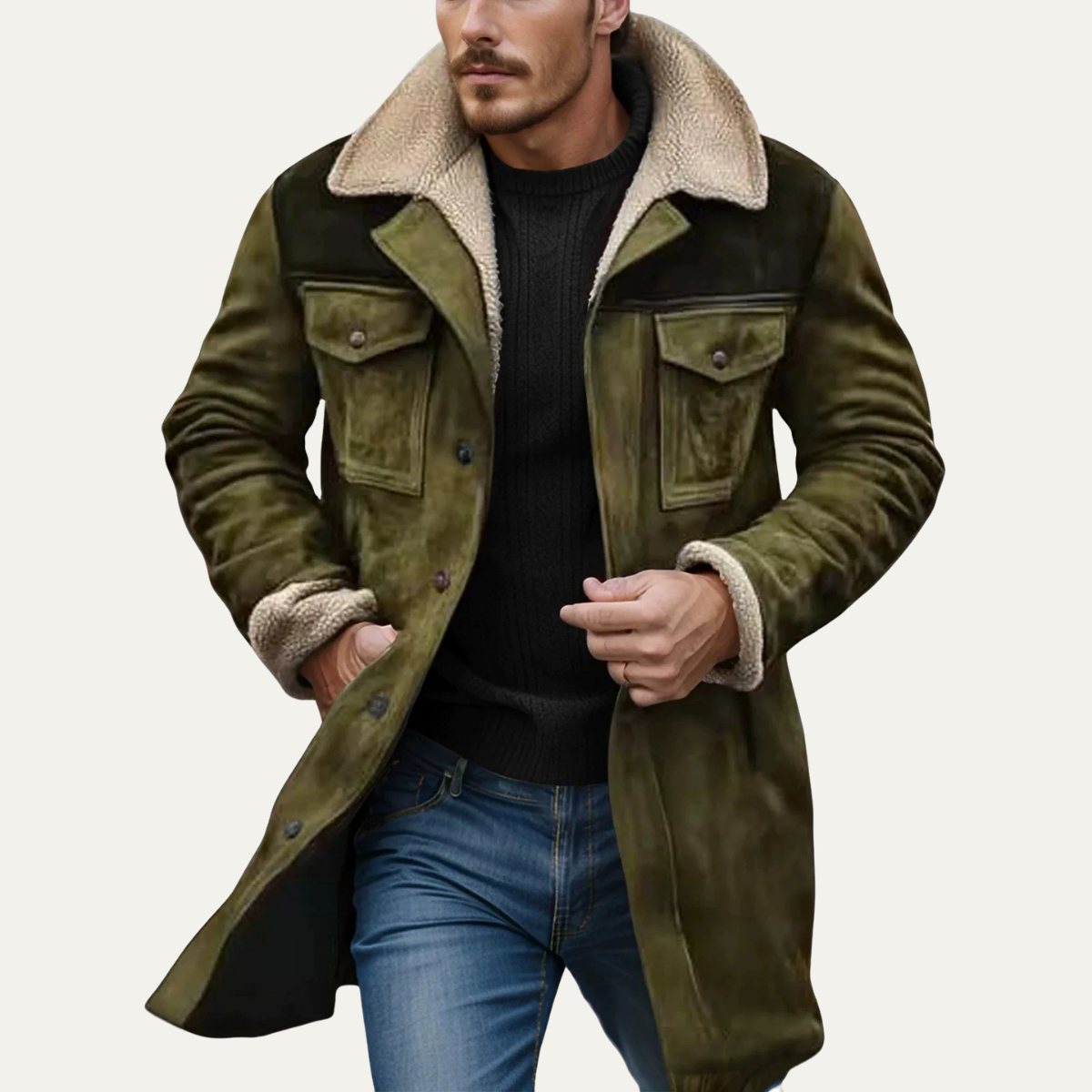 Men's shearling-lined vintage winter jacket in olive/army green with tan sherpa collar