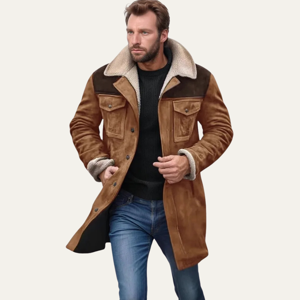 Men's shearling-lined jacket in brown with button front, two chest pockets, cuffs