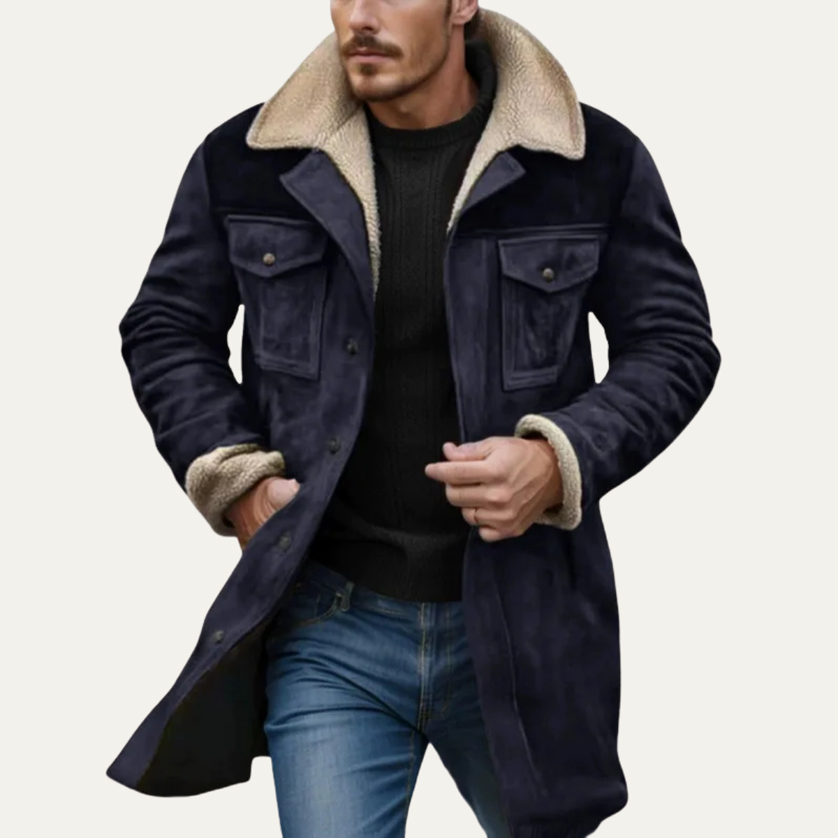 Men's shearling-lined vintage winter jacket in dark navy blue with tan sherpa collar