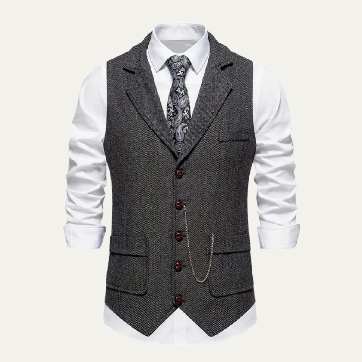 Dark gray tweed waistcoat with notch lapels, button front, and welt pockets