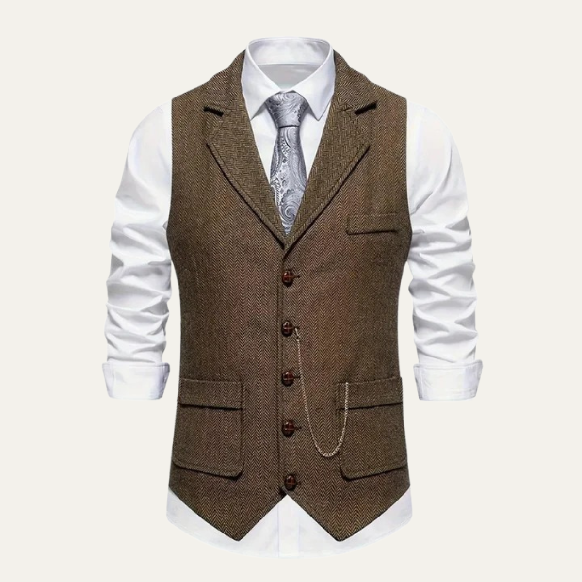 Dark brown tweed waistcoat with notch lapels, button front, and welt pockets