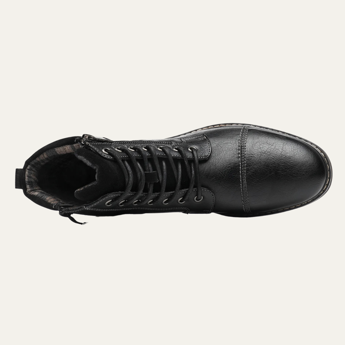 Black ankle boot with lace-up front and visible interior lining.