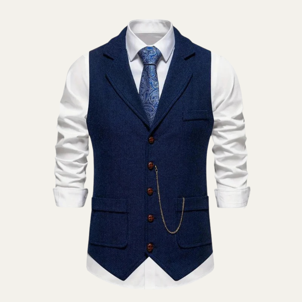 Navy tailored tweed waistcoat with button front, welt pockets, and chain watch pocket