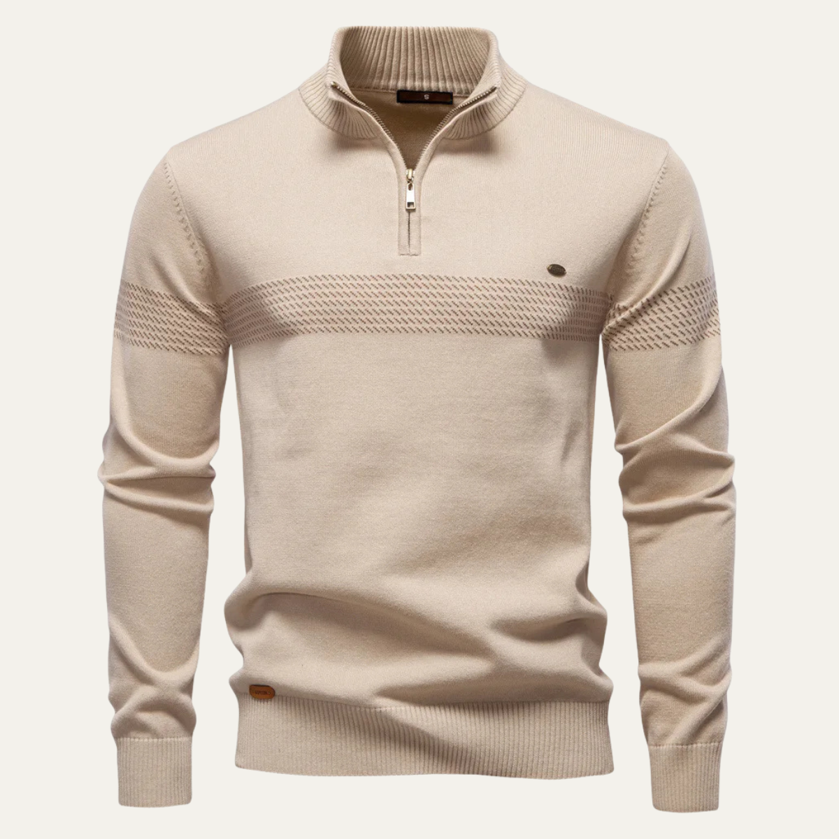 Men's apricot knit half-zip sweater with stand collar and patterned chest stripe