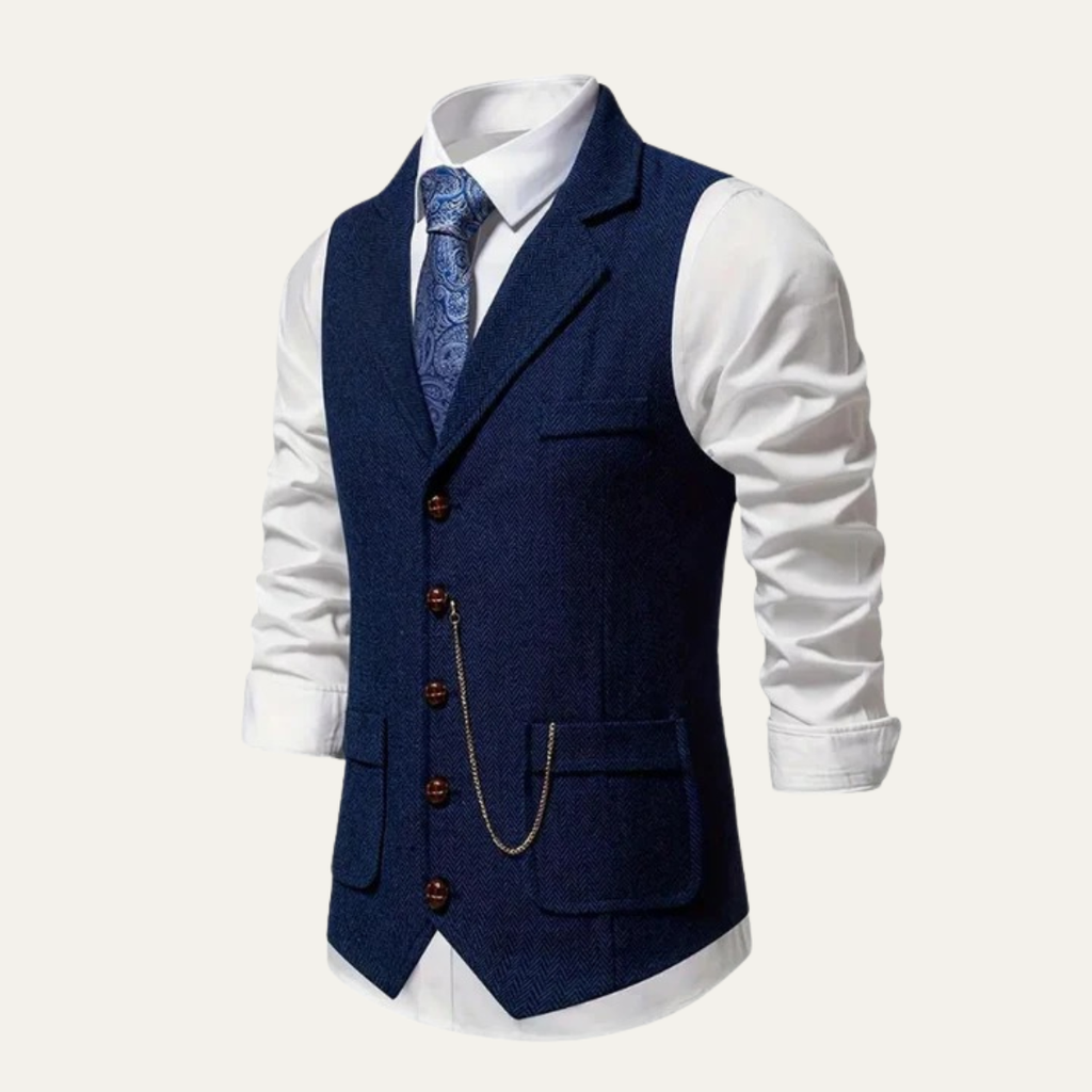 Navy tweed waistcoat, angled view, notch lapel, button front, and side welt pockets