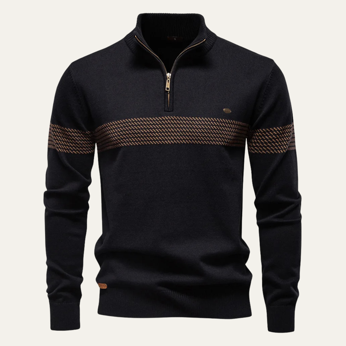 Men's black knit half-zip sweater with stand collar and patterned chest stripe