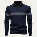 Men's navy knit half-zip sweater with stand collar and patterned chest stripe