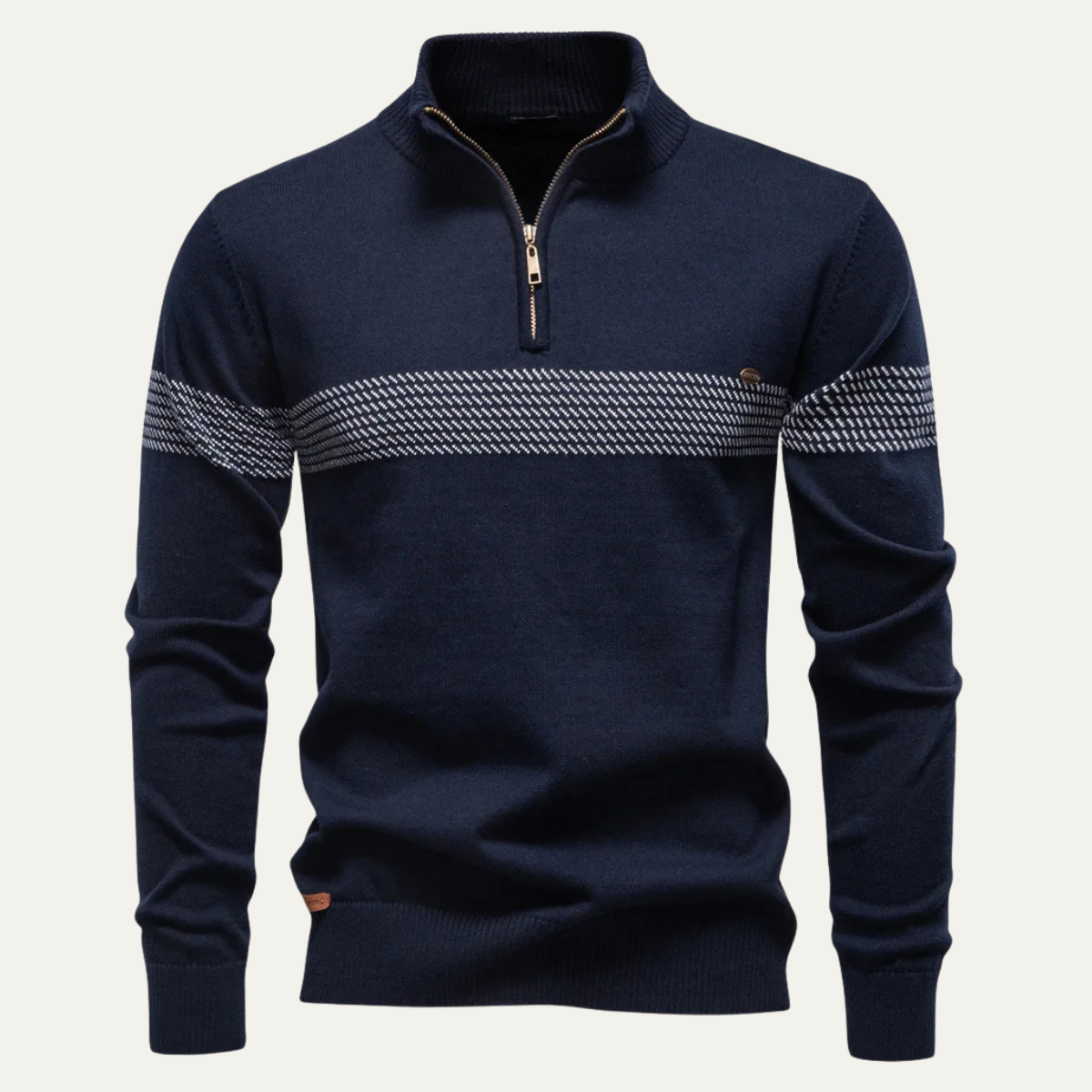 Men's navy knit half-zip sweater with stand collar and patterned chest stripe