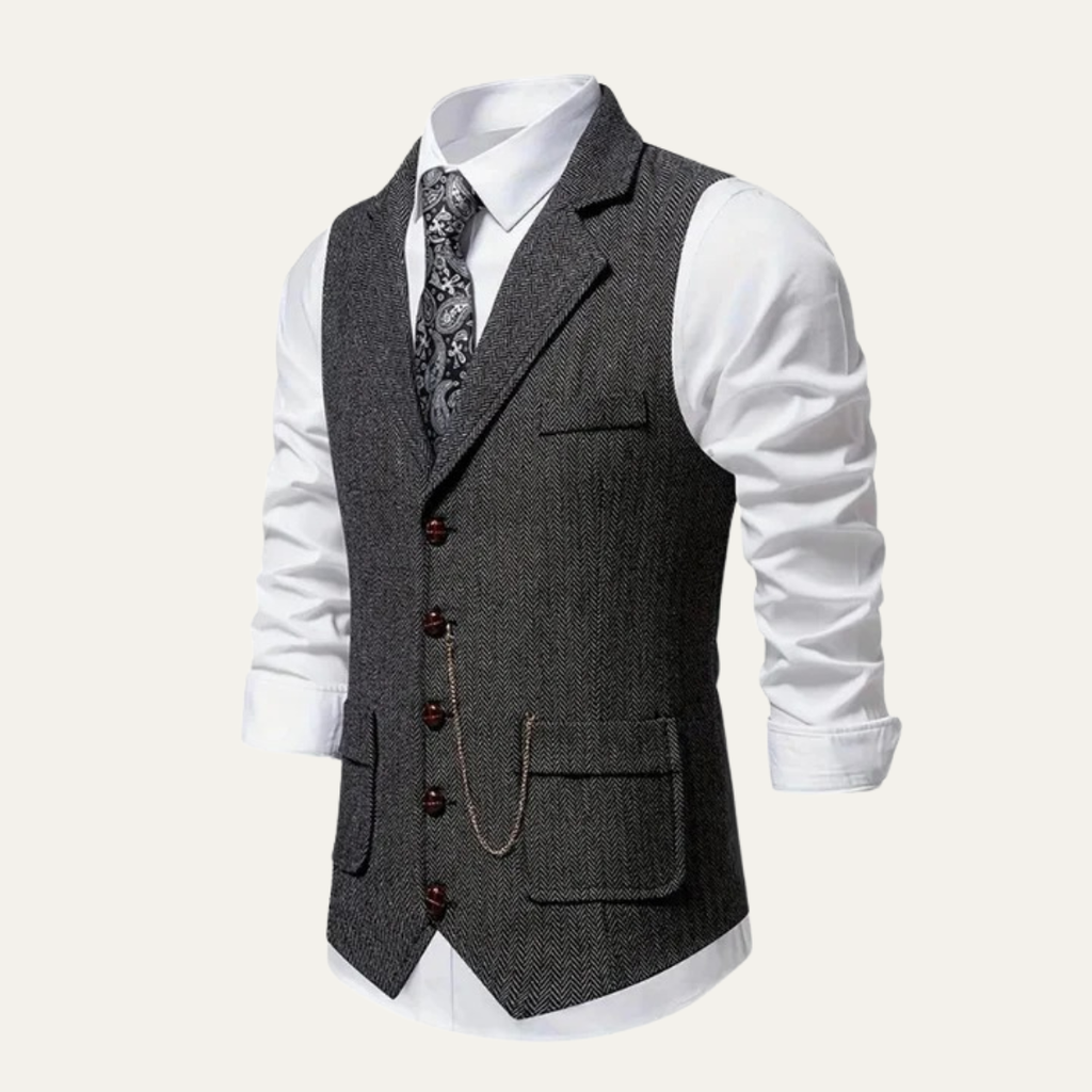 Dark gray tweed waistcoat, angled view, chain watch pocket, button front, side pockets