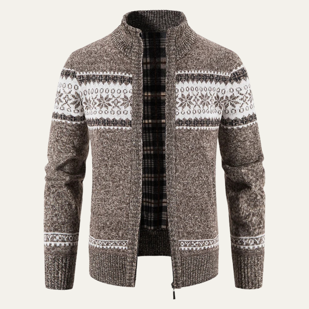 Dark gray knitted zip-up cardigan with Fair Isle stripe pattern and ribbed stand collar