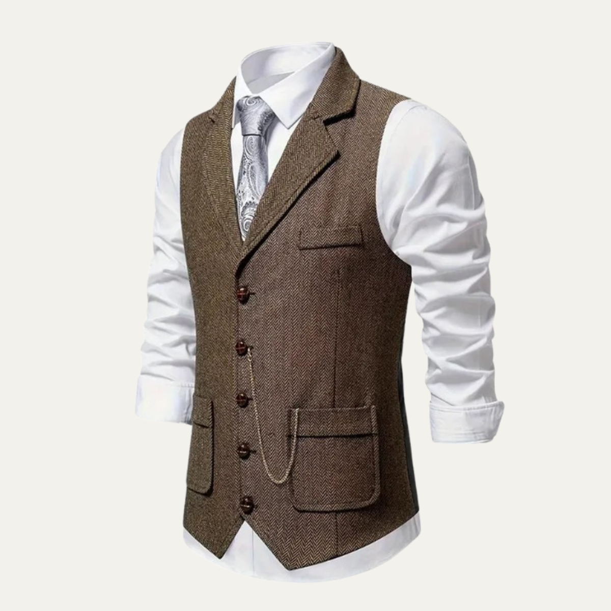 Dark brown tweed waistcoat, side view, notch lapel, chain watch pocket, button front