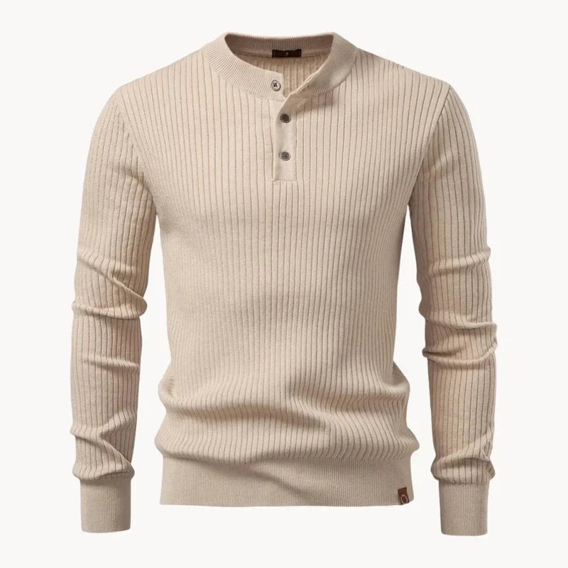 Beige ribbed knit men's henley sweater with button placket and long sleeves