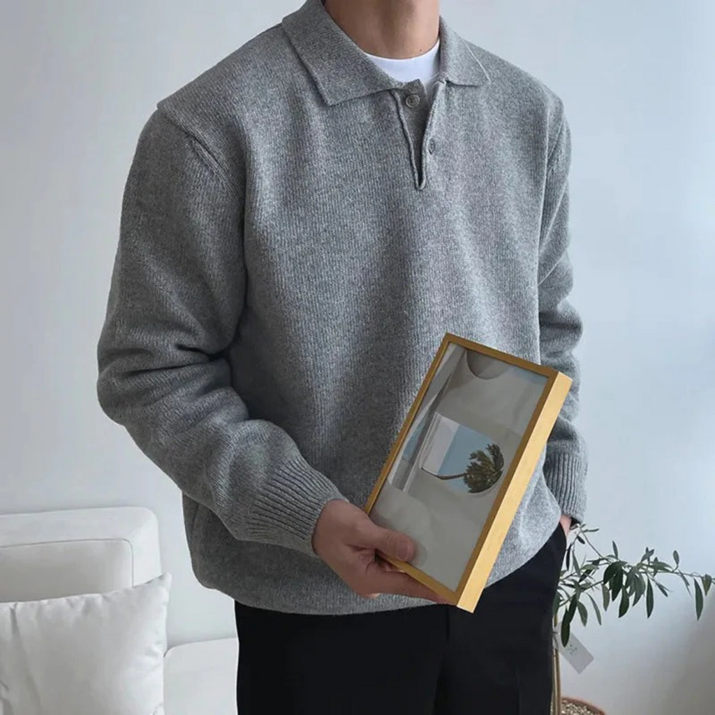 Men's gray textured polo sweater with short button placket and folded collar