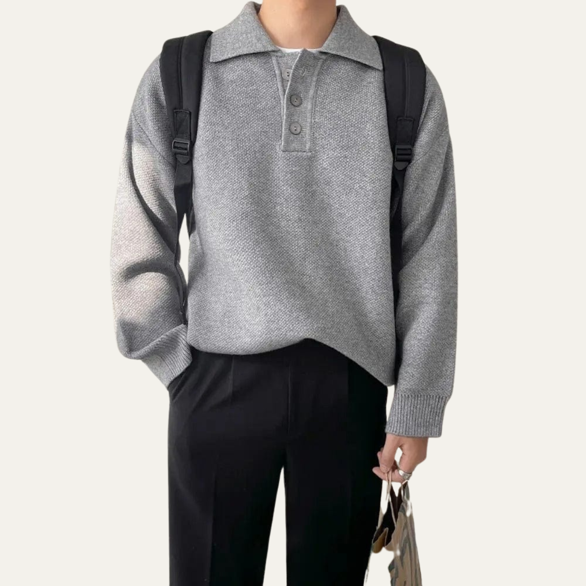 Men's gray knit polo sweater, long sleeves, split button placket, ribbed hem