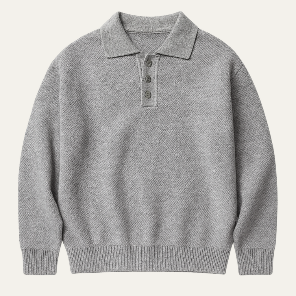 Men's gray knit polo sweater with ribbed cuffs and buttoned placket