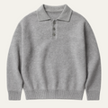 Men's gray knit polo sweater with ribbed cuffs and buttoned placket