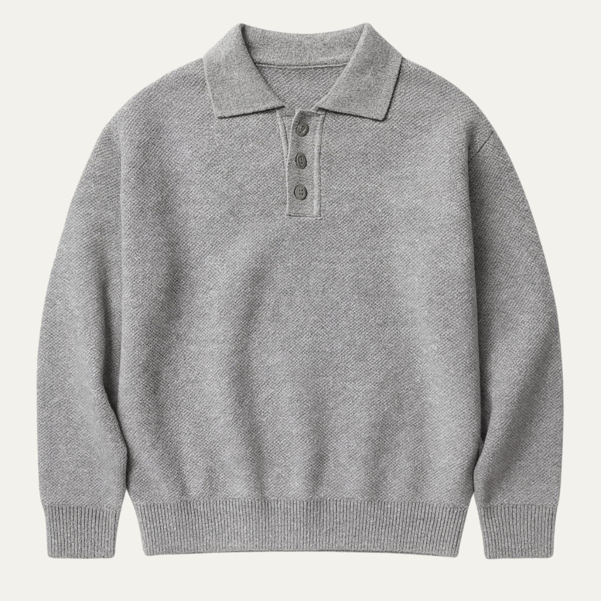 Men's gray knit polo sweater with ribbed cuffs and buttoned placket