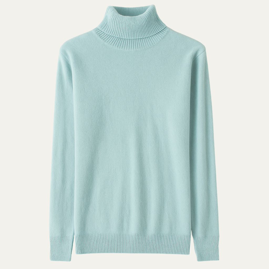 Men's mint green turtleneck sweater, ribbed collar and cuffs, long sleeves
