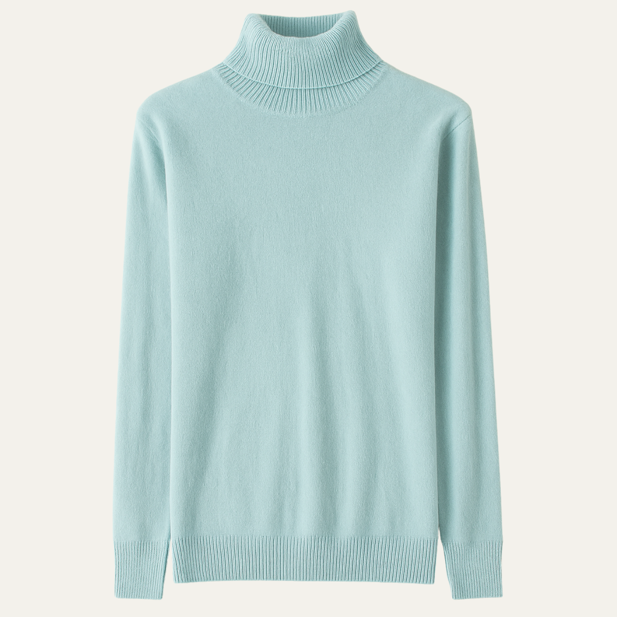 Men's mint green turtleneck sweater, ribbed collar and cuffs, long sleeves