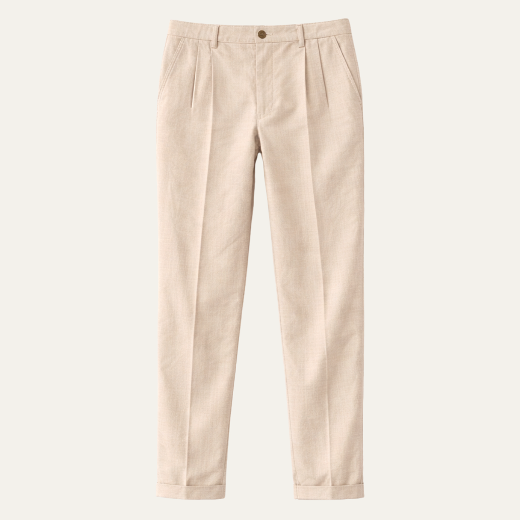 Men's beige slim-fit lightweight linen dress pants, pleated front, button waistband