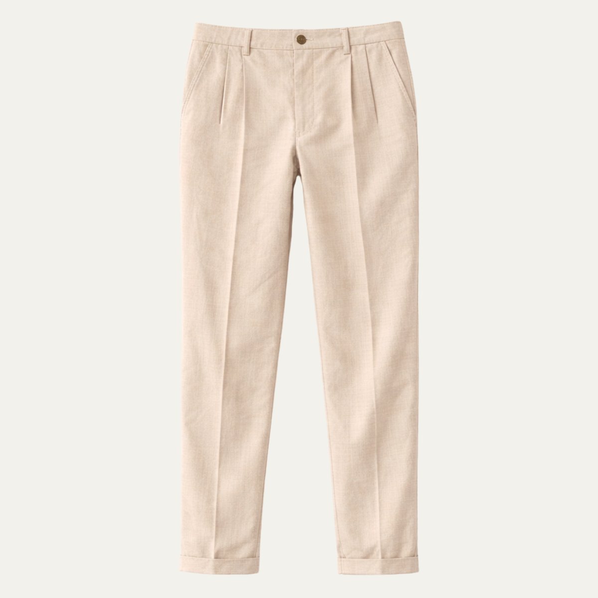 Men's beige slim-fit lightweight linen dress pants, pleated front, button waistband